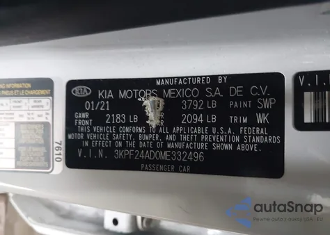 2021 Kia Forte Lxs из США, поврежденный, VIN 3KPF24AD0ME332496